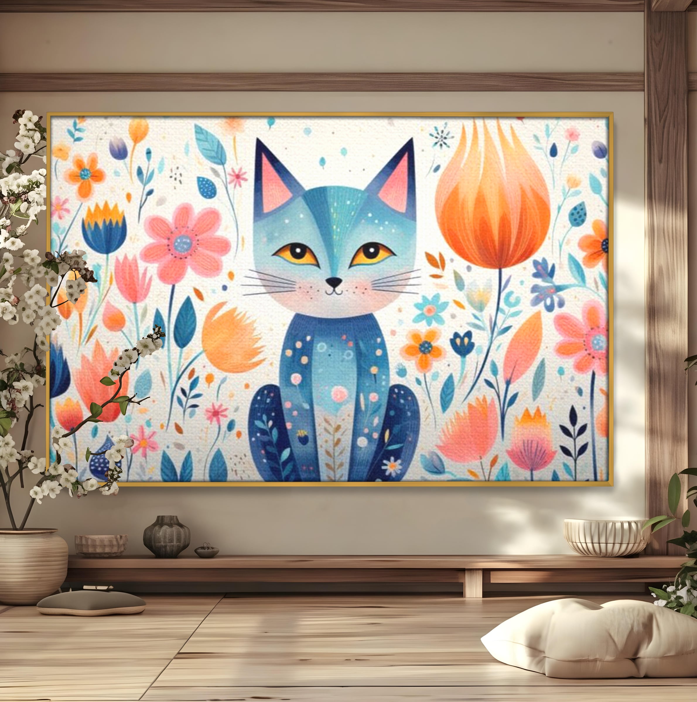 Tablou canvas cu ilustratie digitala cu pisica albastra si flori, in rama de aluminiu auriu